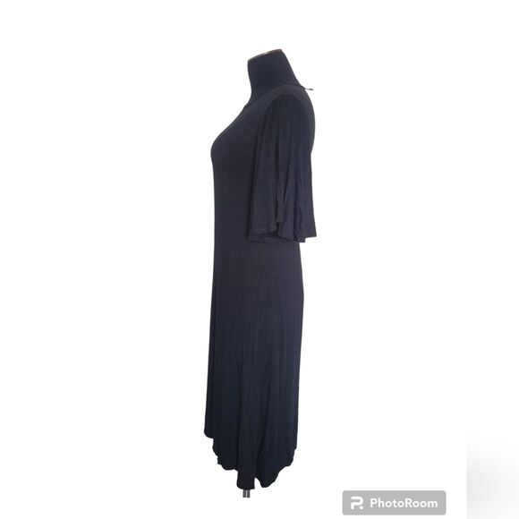 2Hearts Jersey Knit Dress Bell Sleeves Full Skirt Black Midi Soft Casual Medium - Picture 2 of 10